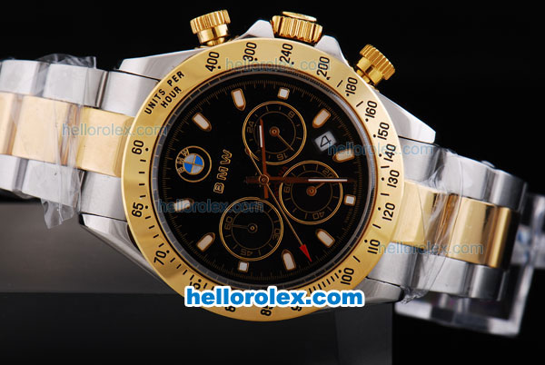 Rolex Daytona for BMW Quartz Movement with Graduated Gold Bezel and Black Dial,Gold Marking and Small Calendar--2008 New Model - Click Image to Close